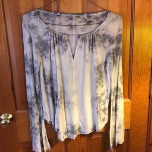 Purple and white tie dyed bell sleeved shirt
